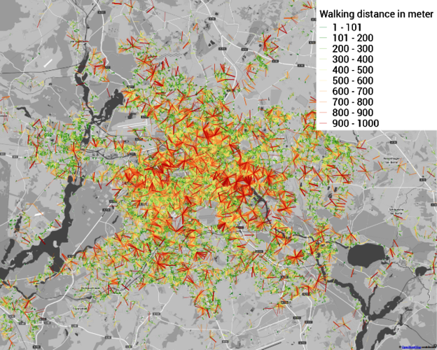 When analyzing data from HAFAS trip requests, transport companies can see where their passengers are “stranded”. This can be due to missing connecting services or because the distances to the closest stops or the destination are outside of any comfort zone.